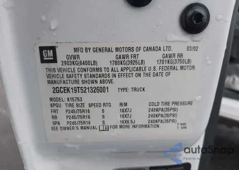 2002 Chevrolet Silverado 1500 Ls from USA, damaged, VIN 2GCEK19T521326001